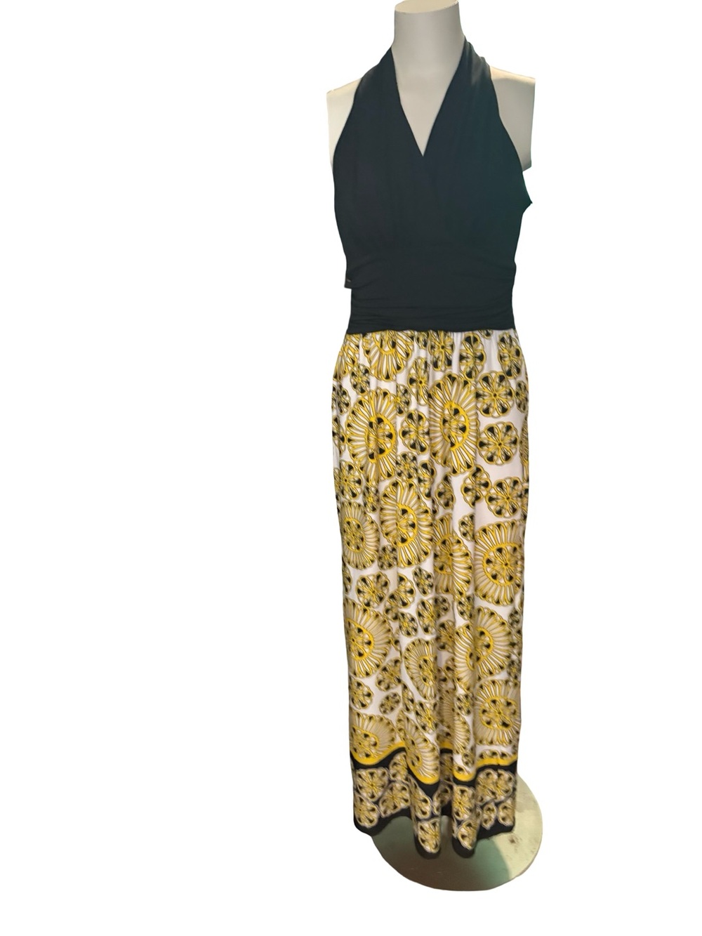 London Times Black Halter Maxi Dress with Yellow Medallion Print